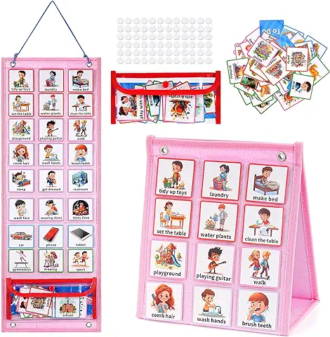 Achort Calendario Visual 96 Tarjetas de Tareas para Niños Pequeños, Gráfico Planificador para la Actividad Diaria, Horario de Aprendizaje Rosa  