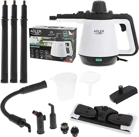 ADLER AD7038 Vaporeta Limpiador Vapor a Presión, Desinfección Portátil, Caudal Vapor 44 G/min, 450ml, 12 Accesorios Limpieza Hogar Tapicería, Colchón, Sofás, Asientos Coche, Suelos, 2000W  