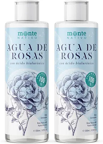 Agua de Rosas pura con Ácido Hialurónico Monte Nativo 2x200ml | Cosmética Natural | Tónico Facial piel Sensible | Desmaquillante Facial | Anti Acné | Cuidado de la piel | Ácido Hialurónico Puro  