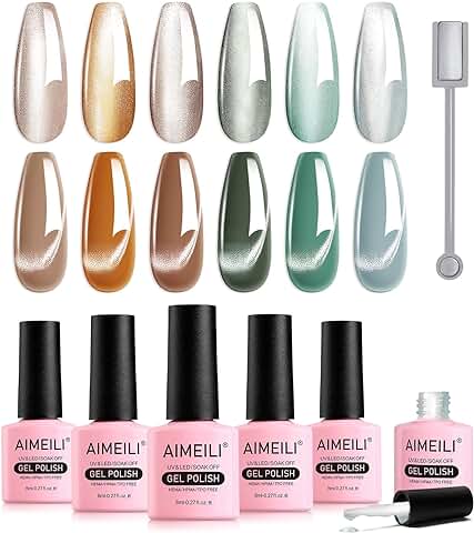 AIMEILI 9D Juego de Esmalte de Uñas de gel Magnético con Barra Magnética, 6 Piezas de Esmalte de Uñas de gel de ojo de gato de Cerámica Moonlight UV LED Nail Fácil de Aplicar 8ml - Set 61  