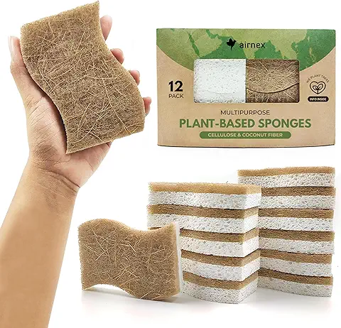 AIRNEX - Esponja de Cocina Natural Biodegradable -Esponja Compostable de Celulosa y Fibra de Coco, Paquete de 12 Esponjas Respetuosas con el Medio Ambiente para Vajilla  