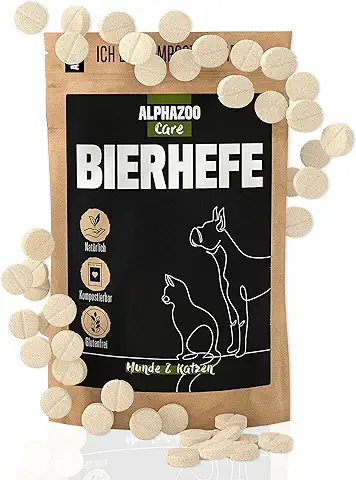 Alphazoo Pastillas de Levadura de Cerveza Perro y Gato 50 Piezas, para el Pelo Brillante, Polvo de Levadura de Cerveza Pestañas Minerales, Vitaminas B, Contra la Pérdida de Cabello y Las Garrapatas  