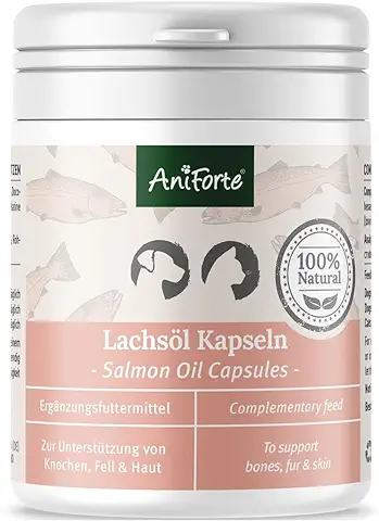 AniForte Cápsulas de Aceite de Salmón para Perros y Gatos 200 – Son un Valioso Aceite de Pescado Omega-3 para el Metabolismo y la Formación de Huesos, Suplemento de Barf, Vitaminas  