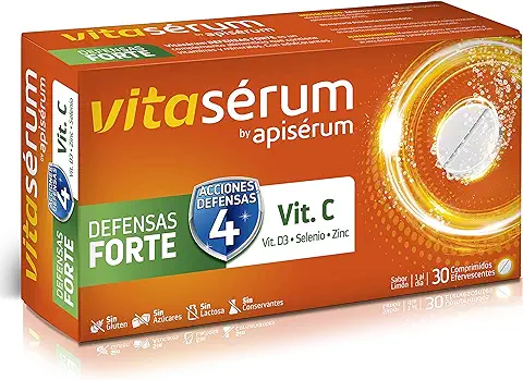 Apiserum Vitasérum Defensas Forte 30 comprimidos , Vitamina C (600 mg), D3, Selenio y Zinc, Ayuda a Tu Sistema Inmunitario, Cansancio y Fatiga, Comprimidos Efervescentes, Anaranjado, 30 días