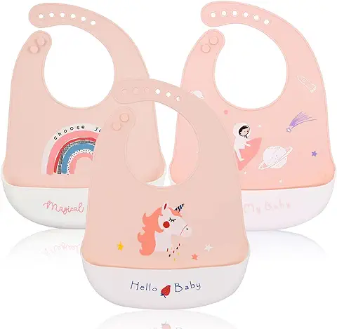 Baogaier Baberos Silicona Bebé Babero de Alimentación Impermeables Reutilizables Lavables Niñas Baberos con Bolsillo Suave Fáciles de Lavar Animales Grande Ajustable para Niña - 3 Pcs Rosa  