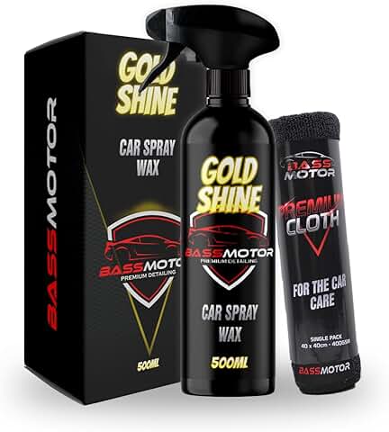 BassMotor Cera Líquida Rápida para Coche Moto Abrillantador Carrocería Brillo con Microfibra Incluida Efecto Espejo Brillante con Spray Líquido Exterior Encerado - Gold Shine 500ml + Bayeta  