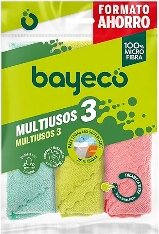 Bayeco - Pack Bayetas Multiusos - 100% Microfibra - Todo tipo de Superficies - Gran Capacidad de Absorción y Acabados sin Marcas ni Pelusas, Sólo con agua , 3 Unidades ( Paquete de 1)  