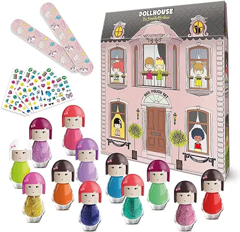 Beauty4Britain, 12 Esmaltes de Uñas no Tóxicos, 2 Limas de Uñas y Pegatinas – Set de Esmaltes de Uñas de Secado Rápido y Aroma a Fresa  