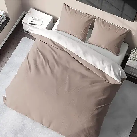 Bedtime Juego de Ropa de Cama de Bambú con 2 Fundas de Almohada, Bicolor, Suave y Reversible, 200 x 200 y 80 x 80 cm, Color Topo/Blanco  