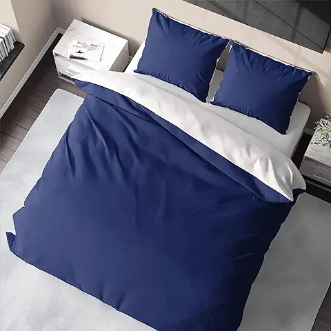 Bedtime Juego de Ropa de Cama de Bambú con Funda de Almohada, Bicolor, Suave, Reversible, 155 x 220 y 80 x 80 cm, Azul y Blanco  