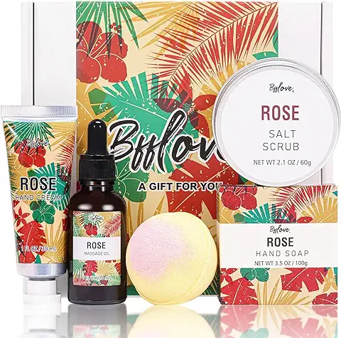 BFFLOVE Caja de Regalo Originales para Mujer, Cesta de Spa a Rosa, Cumpleaños para Ella, Set de Baño Incluye Aceite de Masaje, Sal Exfoliante, Jabón  