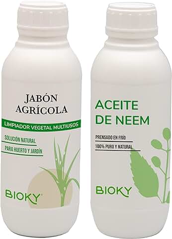 Bioky Jabón Potásico Agrícola y Aceite de Neem Para Plantas 2x1L - Controlador y Repelente Natural de Plagas - Mosquitos, Pulgón, Cochinilla, Mosca Blanca - Puro y muy Concentrado (1L)  