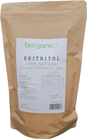 Biorganic Eritritol 1 Kg, 100% Natural. Edulcorante Cero Calorías. Dieta Keto y apta para Diabéticos. Granulado como el Azúcar. Con Poder Endulzante del 70% Igual que el Azúcar.  