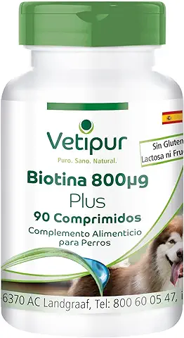 Biotina 800µg - 90 Comprimidos para Perros Vetipur - Sustancias Vitales, para Pieles Sanas, Brillantes y Saludables en su Perro - ¡Calidad Alemana Garantizada!  