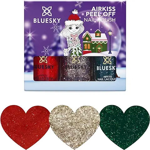 BLUESKY - Juego de Barniz de Uñas Kids - Colección Glitters. Verde, Dorado, Rojo. Shell-off, no Tóxico, a base de Agua, Esmalte de Uñas sin dour para Niños, 3 x 5 ml con Pegatinas  