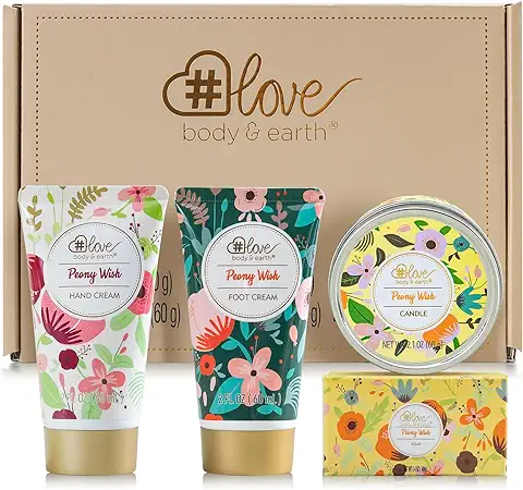 BODY & EARTH # LOVE Crema Reparadora para Piel Aroma de Peonía 4 Piezas : Crema de Manos, Crema para Pies, Jabón, Velas Perfumadas Regalo de Cumpleaños para Mujeres  