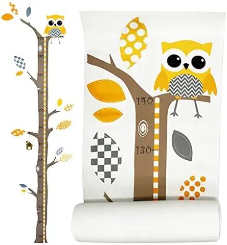 Brunoko Vinilos Infantil Pared + Medidor de Niños para Pared 2 en 1 - Pegatinas Pared Decorativas Infantil de árbol y Búho - Vinilo Ecológico Extraíble para Habitacion bebe - Diseñado en España  