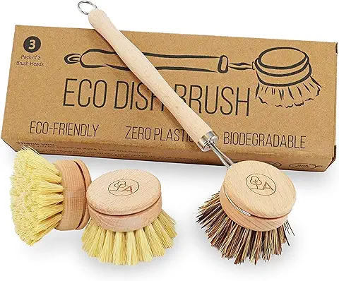 Cepillo de Vajilla Natural con 3 Cabezales de Recambio, Cepillos de Cocina Ecológico, Limpieza Cero Residuos, sin Plástico, Agile Home and Garden  