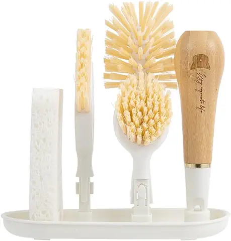 Cepillos para Botellas 4 en 1, Cepillo de Limpieza con Mango de Bambú, Cepillo de Cocina con Soporte para Fregar Platos, Sartenes y Ollas  