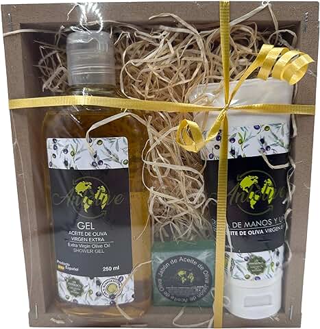 Cesta Compacta de Belleza y Aseo: GEL BAÑO DUCHA, Crema de Manos y Jabón, con Aceite de Oliva - Ecológico y Artesanal  