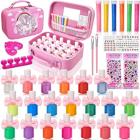 Chennyfun Juego de Esmaltes de Uñas, 20 Colores Pelable Pintauñas no Toxico Con Purpurina, Adhesivos para Uñas de Diamantes, Regalo de Cumpleaños para Niñas 3+ Años  