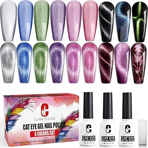 Clara Colors Juego de Esmaltes de gel para ojos de Gato, 6 Colores Juego de Esmaltes de Uñas de gel Magnéticos Purpurina Holográfica Juego de Esmaltes de gel para ojos de gato para el Hogar Bricolaje  