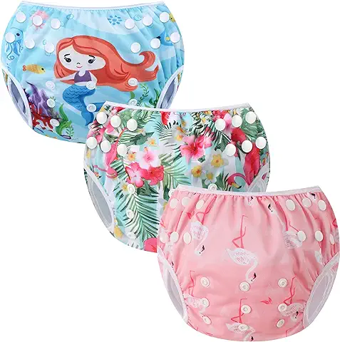 Codkkre Pañales para Nadar para Bebés Bañador Pañal Reutilizable Bañador para Piscinas 3PCS Ajustable y Lavable Niño Niña Talla 0-36 Meses(Flamenco+Flor+Sirena)  