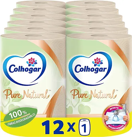 Colhogar Pure Natural 12x1 - Papel Cocina Biodegradable Resistente y Absorbente - Rollo de Toalla de Papel Mini Jumbo para Cocina - 12 Rollos - Color Natural  
