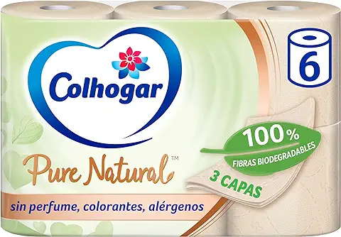 Colhogar Pure Natural x6 - Papel Higiénico Biodegradable Suave y Resistente -Papel de Baño de 3 Capas - Dermatológicamente Testado - Paquete con 6 Rollos - Color Natural  