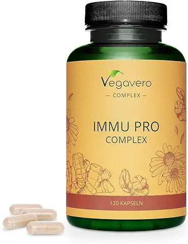 Complejo Defensas Inmunitarias | 100% NATURAL | 120 Cápsulas | Vitamina C, D3 + Equinácea + Zinc + Selenio + Jengibre | Immu Pro Complex | Sin Additivos y Vegano | Vegavero®  