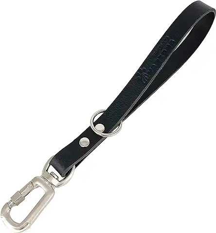 Correa Cuero Perro Corta. Asa de Piel con Mosquetón de Seguridad. Multi-usos. Hecho a Mano en España. Correa Perros Grandes Medianos y Pequeños. 32cm. Color Negro.  