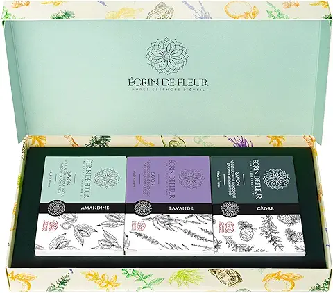 Écrin De Fleur – Pack de 3 Jabones para toda la Familia - Almendra, Lavanda, Cedro - Jabones Naturales, Artesanales y Certificados Orgánicos - sin Aceite de Palma, Sulfatos ni Parabenos - 3 x 100g  