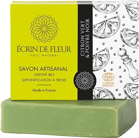 Écrin de Fleur - Pastilla de Jabón Artesano Ecológico de Lima y Pimienta Negra Mezcla Vigorizante de Cítricos Refrescantes y Calor Picante, Estimula y Despierta Cuerpo y Alma, 1x90g  