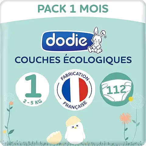 Dodie - Pañales, Ecológicos, Franceses, Talla 1 (de 2 a 5 kg), Paquete para 1 mes con 112 Unidades (lote de 2 x 56)  