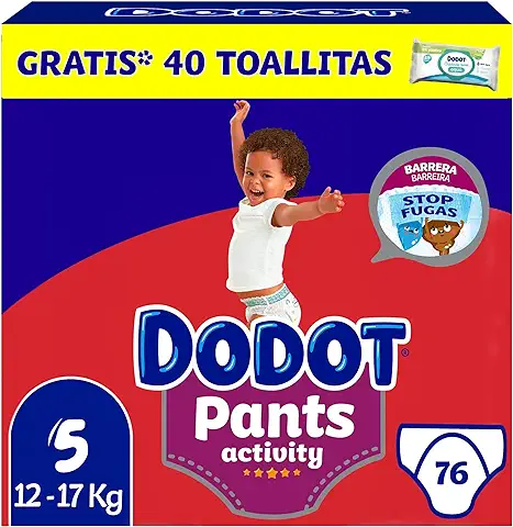 Dodot Activity Pants Pañal-Braguita Talla 5, 76 Pañales, 12kg - 17kg + 1 Pack de 40 Toallitas Gratis Cuiado Total, Pack Mensual  