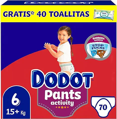 Dodot Activity Pants Pañal-Braguita Talla 6, 70 Pañales, 14kg - 19kg + 1 Pack de 40 Toallitas Gratis Cuiado Total, Pack Mensual  