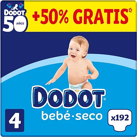DODOT Bebé-Seco Pañales Talla 4, 192 Pañales, 9-14kg, BOX ANIVERSARIO +50% GRATIS, 8006540257456  