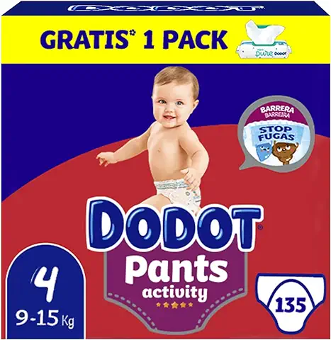 Dodot Pañales Bebé Activity Pants Talla 4 (9-15 kg), 135 Pañales + 1 Pack de 48 Toallitas Gratis Aqua Pure, Pack Mensual  