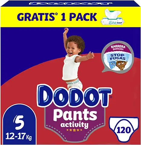 Dodot Pañales Bebé Activity Pants Talla 5 (12-17 kg), 120 Pañales + 1 Pack de 48 Toallitas Gratis Aqua Pure, Pack Mensual  