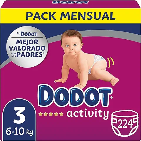 Dodot Pañales Bebé Activity Talla 3 (6-10 kg), 224 Pañales con Ajuste Más Resistente  