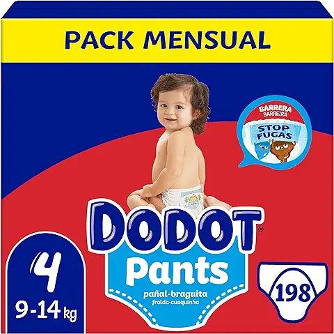Dodot Pañales Bebé Pants Talla 4 (9-15 kg), 198 Pañales, Pañal-Braguita con Ajuste 360° Anti-Fugas, Pack Mensual  