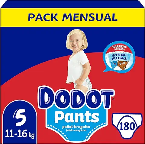 Dodot Pañales Bebé Pants Talla 5 (12-17 kg), 180 Pañales, Pañal-Braguita con Ajuste 360° Anti-Fugas, Pack Mensual  