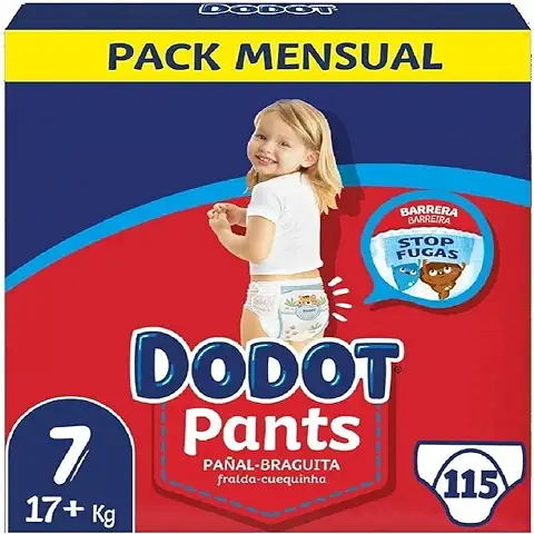 Dodot Pañales Bebé Pants Talla 7 (+17 kg), 115 Pañales, Pañal-Braguita con Ajuste 360° Anti-Fugas, Pack Mensual  