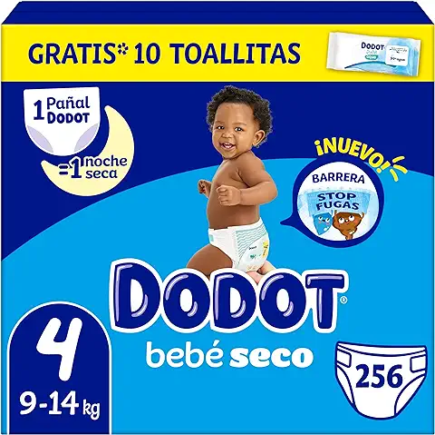 Dodot Pañales Bebé-Seco Talla 4 (9-14 kg), 256 Pañales con Protección Antifugas, Pack Mensual  