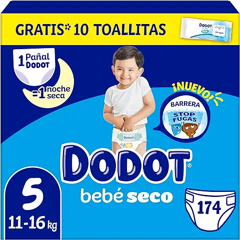 Dodot Pañales Bebé-Seco Talla 5 (11-16 kg), 174 con Protección Antifugas, Pack Mensual  