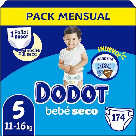 Dodot Pañales Bebé-Seco Talla 5 (11-16 kg), 174 con Protección Antifugas, Pack Mensual  