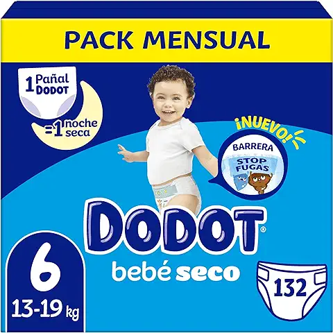 Dodot Pañales Bebé-Seco Talla 6 (+13 kg), 132 Pañales con Protección Antifugas, Pack Mensual  