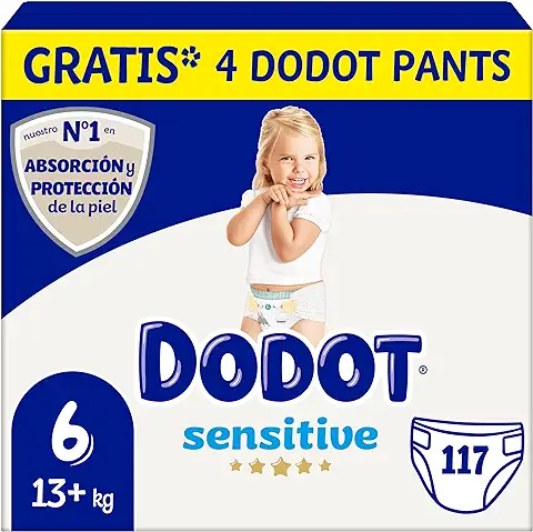 Dodot Pañales Bebé Sensitive 117 Pañales + 4 Pants Activity Extra Gratis, Óptima Protección de la Piel de Dodot, Pack Mensual, Talla 6 (+13 kg)  