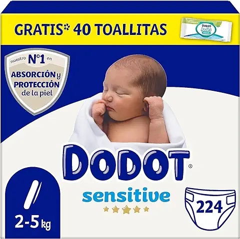 Dodot Pañales Bebé Sensitive Talla 1 (2-5 kg), 224 Pañales + 1 Pack de 40 Toallitas Gratis Aqua Plastic Free, Absorción y Protección de la Piel de Dodot, Pack Mensual  