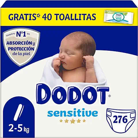 Dodot Pañales Bebé Sensitive Talla 1 (2-5 kg), 276 Pañales + Pack de 48 Toallitas Gratis Cuidado Total Aqua, Óptima Protección de la Piel de Dodot, Pack Mensual  